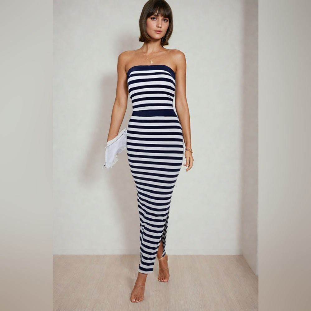 Blue/White Striped Print Tube Top & Split Hem Skirt